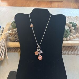 Floral Silver Necklace with Orange Accents